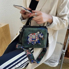 Vintage Embroidery Elephant Handbag Wide Strap Leather Women Shoulder Bag