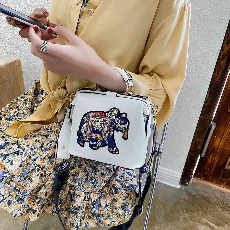Vintage Embroidery Elephant Handbag Wide Strap Leather Women Shoulder Bag