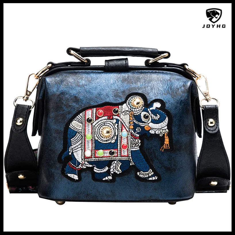Vintage Embroidery Elephant Handbag Wide Strap Leather Women Shoulder Bag