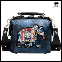 Vintage Embroidery Elephant Handbag Wide Strap Leather Women Shoulder Bag