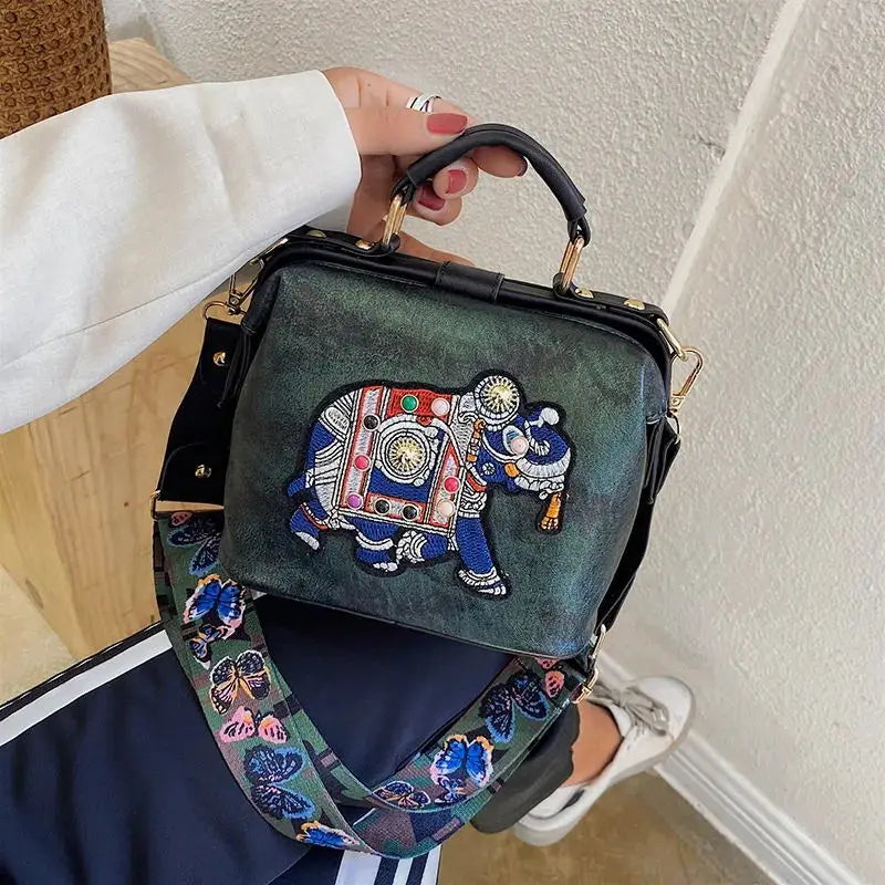 Vintage Embroidery Elephant Handbag Wide Strap Leather Women Shoulder Bag