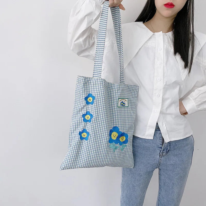Vintage Embroidery Plaid Women Large Shoulder Bag Girly Flower Purse Handbags