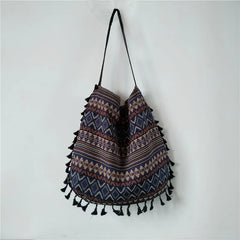 Vintage Ethnic Style Shoulder Bag Tassel Handbag No Lining Inner Pocket