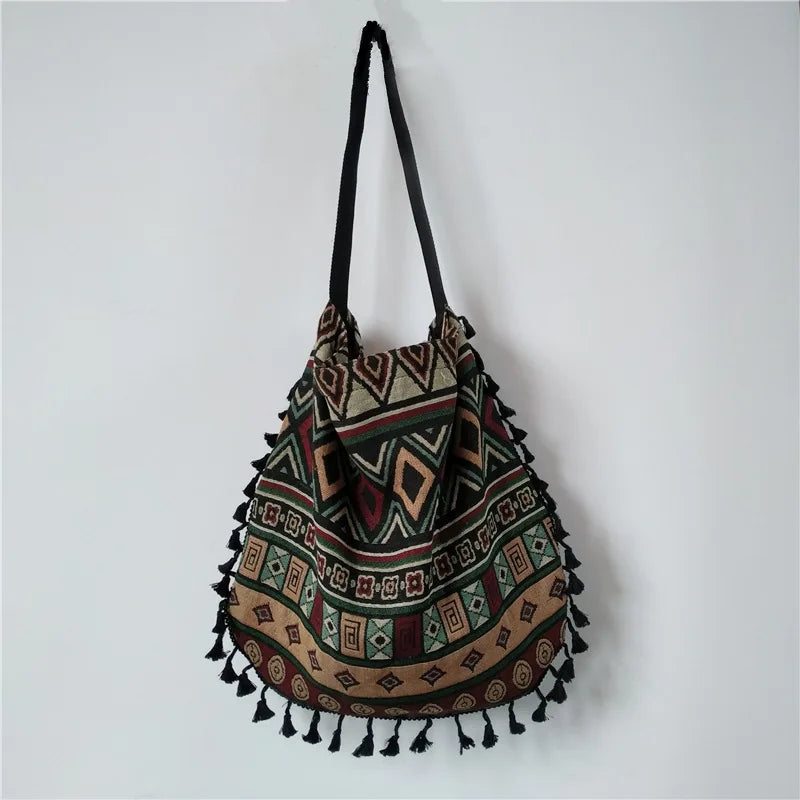 Vintage Ethnic Style Shoulder Bag Tassel Cotton Linen Inner Pocket Womens Bag