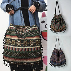 Vintage Ethnic Style Shoulder Bag Tassel Cotton Linen Inner Pocket