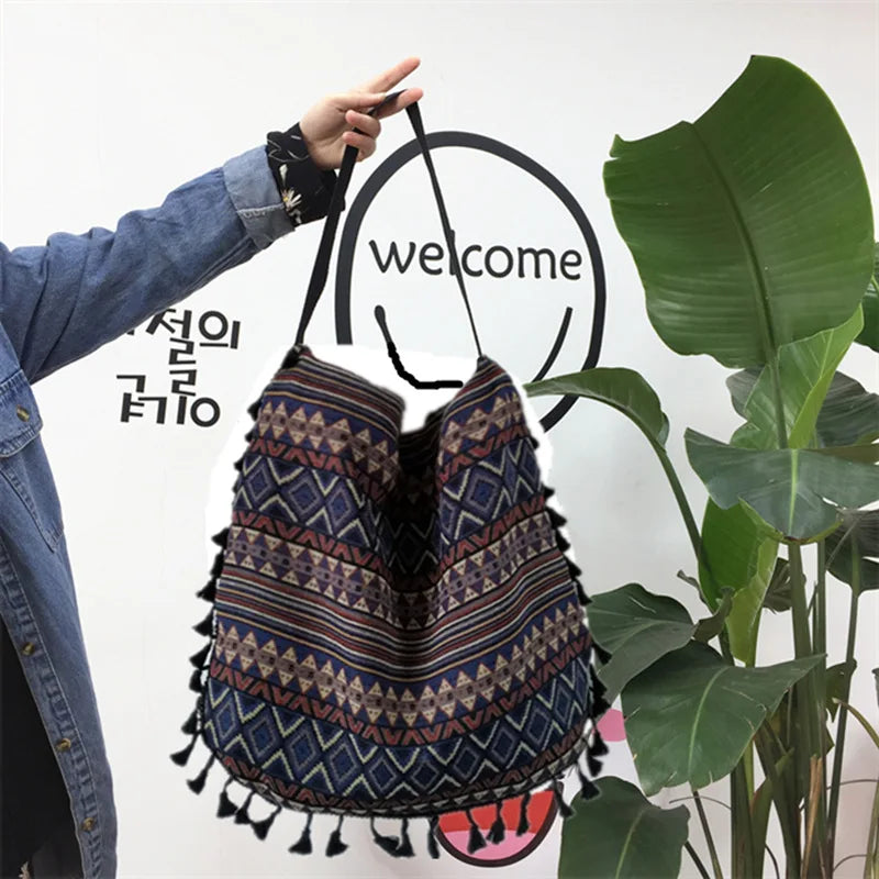 Vintage Ethnic Style Shoulder Bag Tassel Cotton Linen Inner Pocket Womens Bag