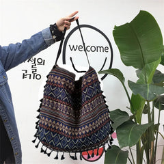 Vintage Ethnic Style Shoulder Bag Tassel Cotton Linen Inner Pocket Womens Bag