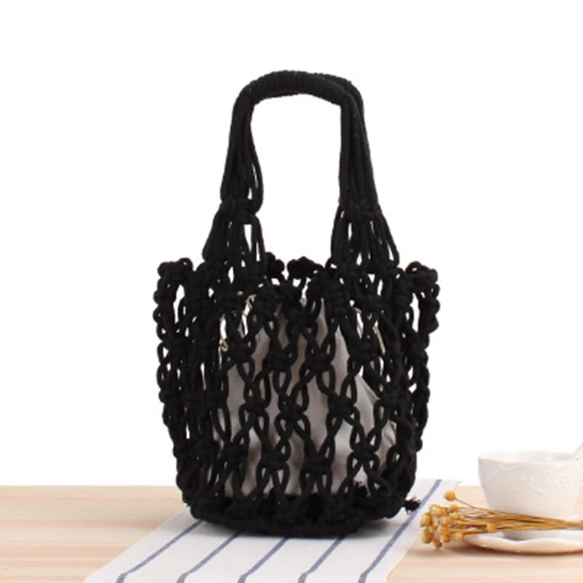 Vintage Hollow Cotton Woven Bucket Bag British Style Portable Net Bag