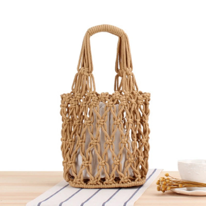 Vintage Hollow Cotton Woven Bucket Bag British Style Portable Net Bag