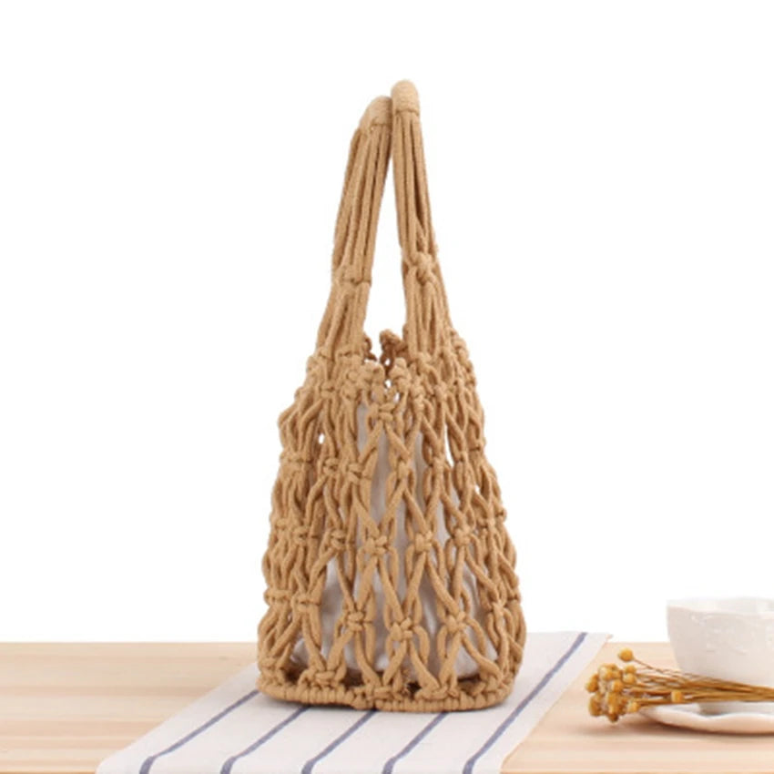Vintage Hollow Cotton Woven Bucket Bag British Style Portable Net Bag