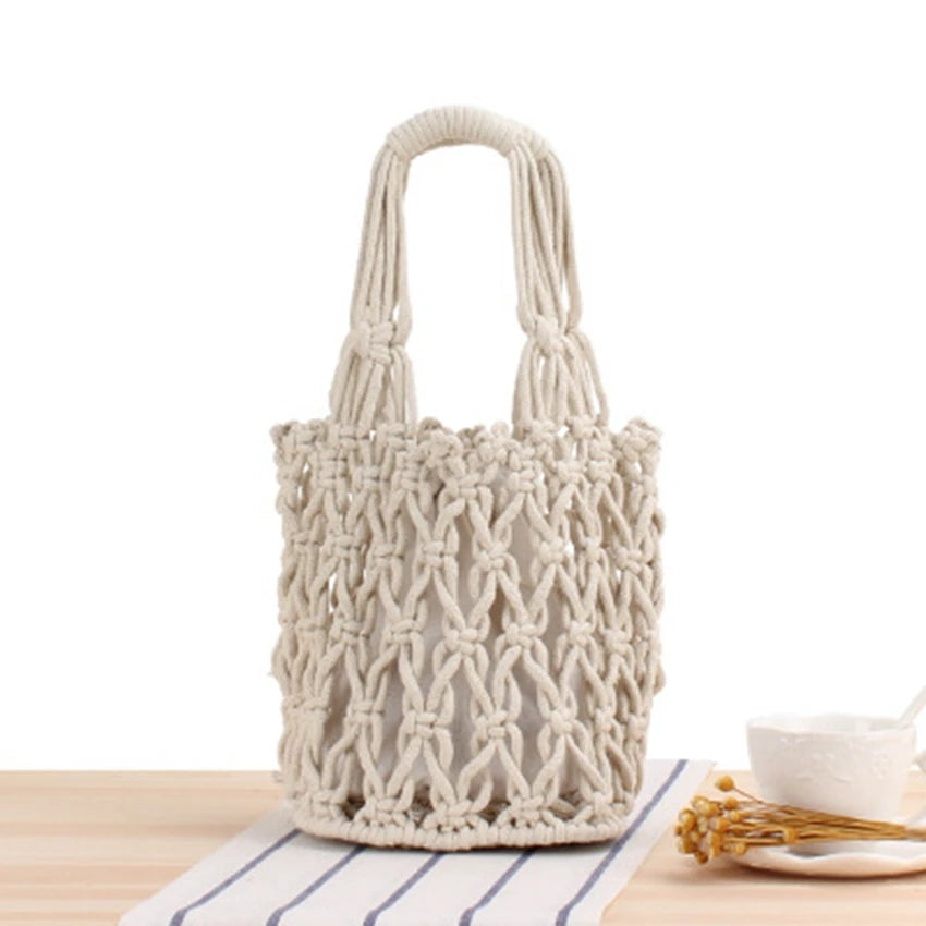 Vintage Hollow Cotton Woven Bucket Bag British Style Portable Net Bag