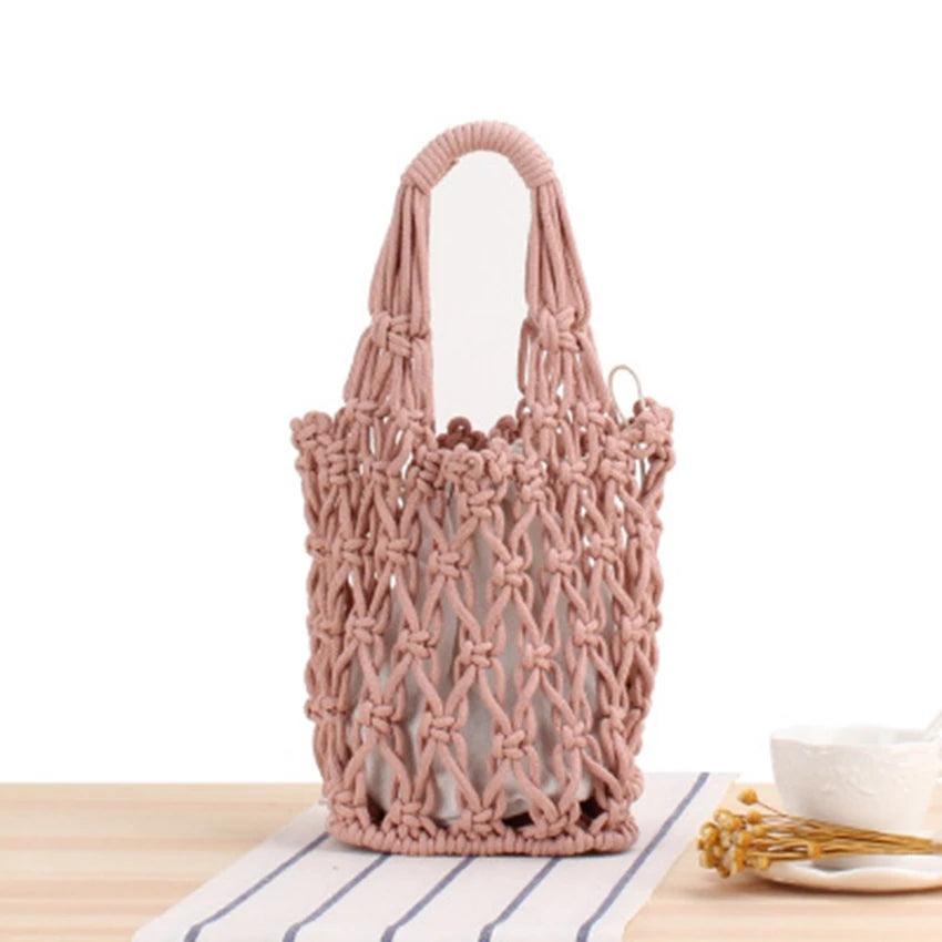 Vintage Hollow Cotton Woven Bucket Bag British Style Portable Net Bag