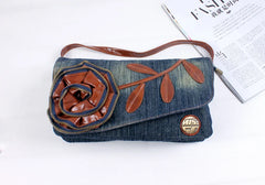 Vintage Leather Flower Denim Jeans Shoulder Bags Girls Handbags Crossbody Bag