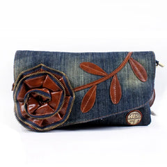 Vintage Leather Flower Denim Jeans Shoulder Bags Girls Handbags Crossbody Bag