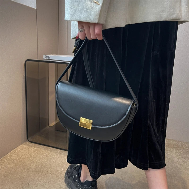 Vintage Solid Saddle Bag High Leather Women's Handbag