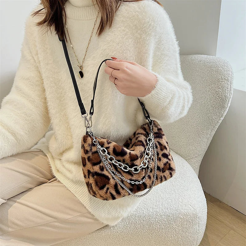Vintage Faux Fur Leopard Women Shoulder Crossbody Bags
