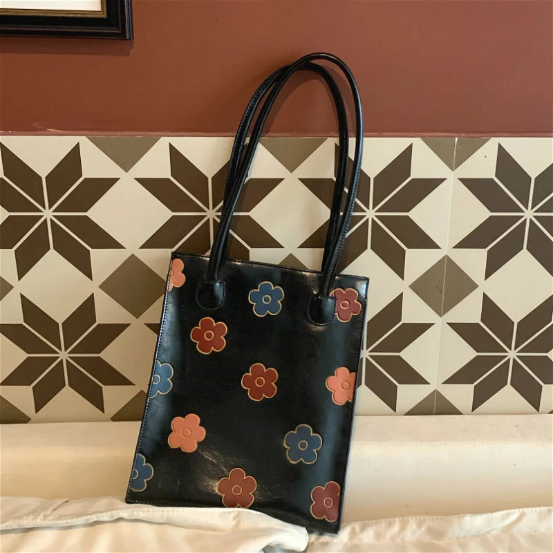 Vintage Floral PU Leather Women Shoulder Bag Flower Student Girls Book Handbags