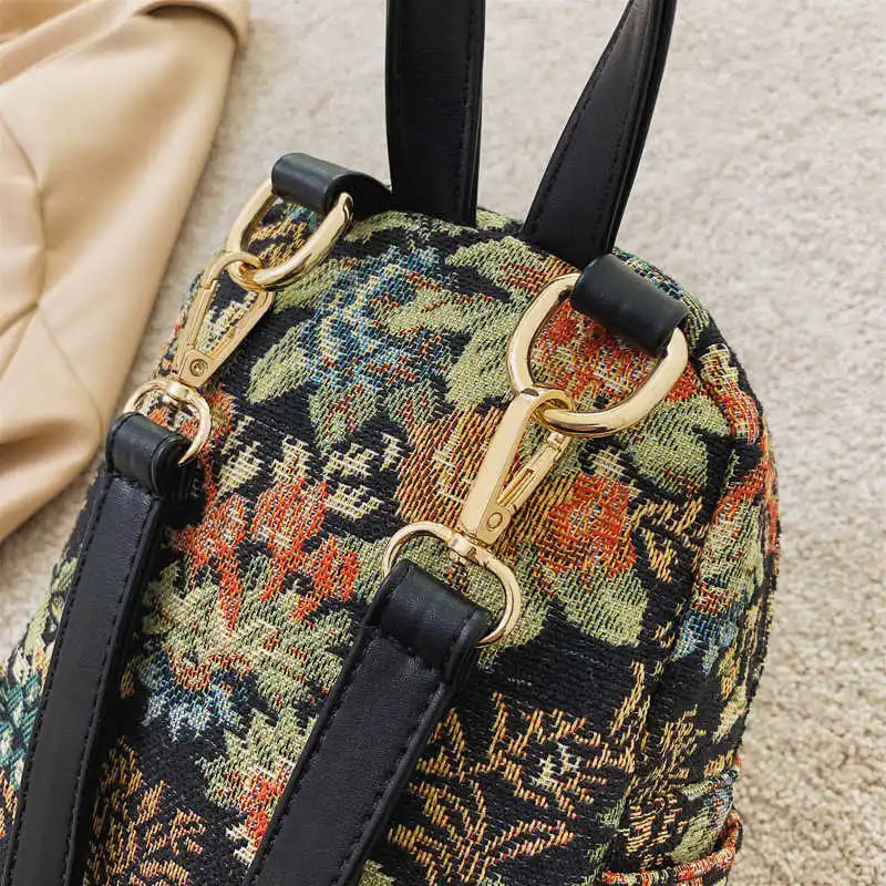 Vintage Flower Embroidery Canvas Backpacks Women Mini Ethnic Backpack