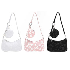 Vintage Flower Print Shoulder Bags with Mini Purse Pendants