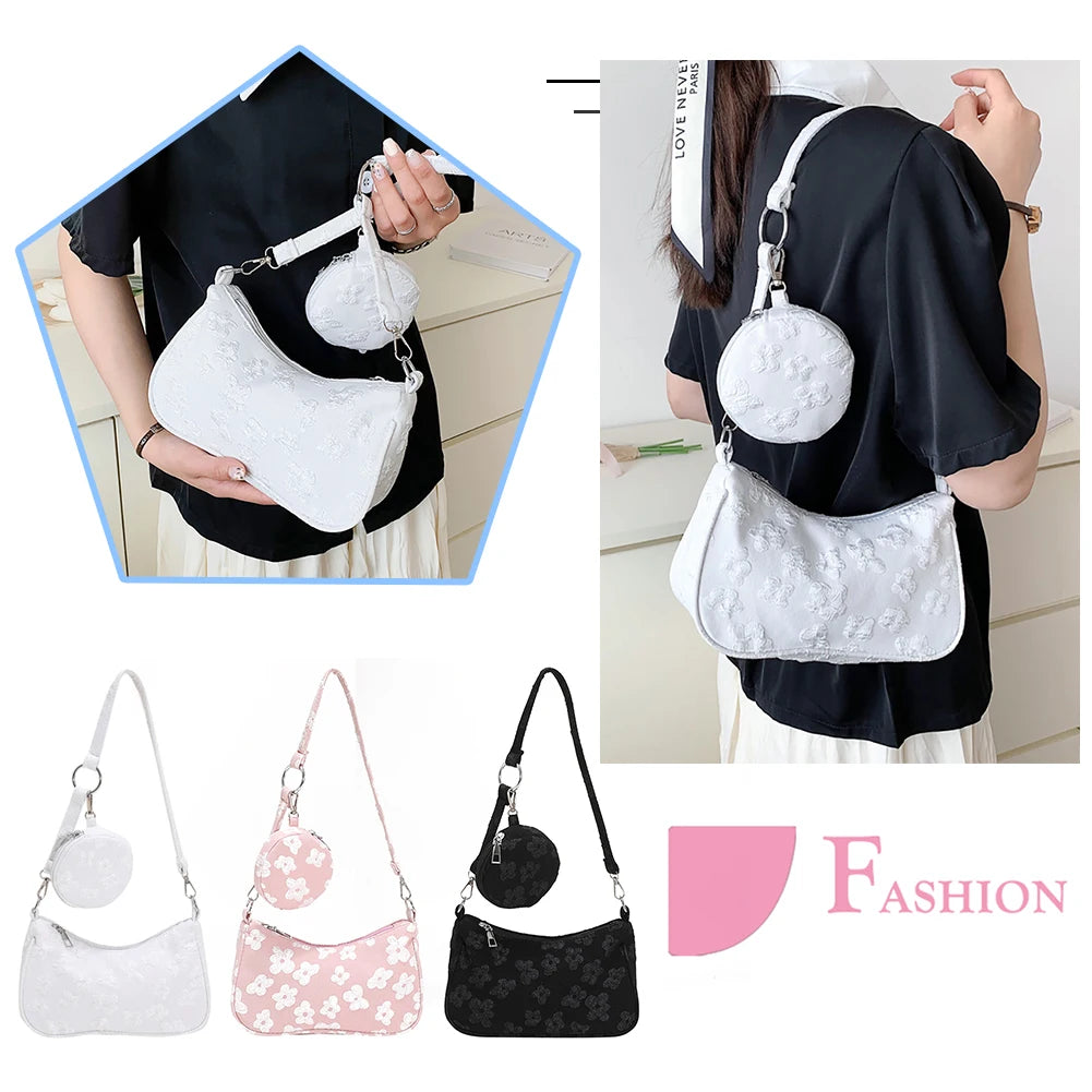 Vintage Flower Print Shoulder Bags with Mini Purse Pendants