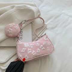 Vintage Flower Print Shoulder Crossbody Bag with Mini Round Purse Pendant