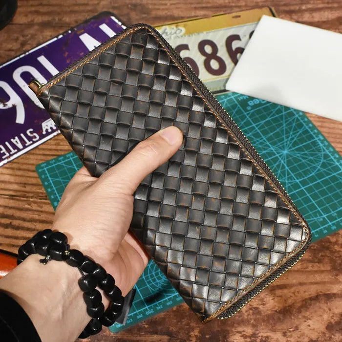 Vintage Leather Men Zip Wallet Knitting Purses