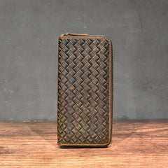 Vintage Leather Men Zip Wallet Knitting Purses