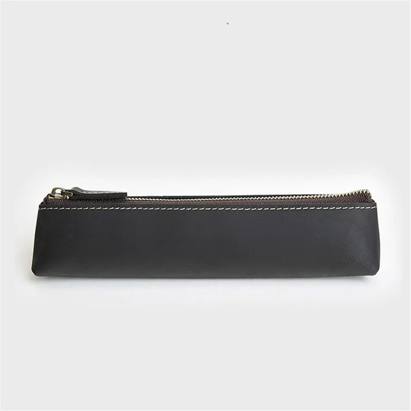 Vintage Leather Pen Bag Long Zipper Pencil Case Holder Kids Stationery