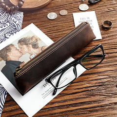 Vintage Leather Pen Bag Long Zipper Pencil Case Holder Kids Stationery