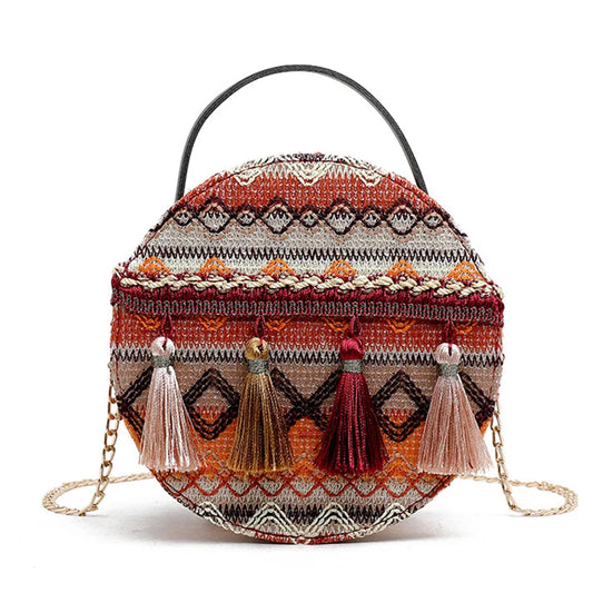 Vintage Geometric Pattern Boho Tassel Round Crossbody Bag for Women