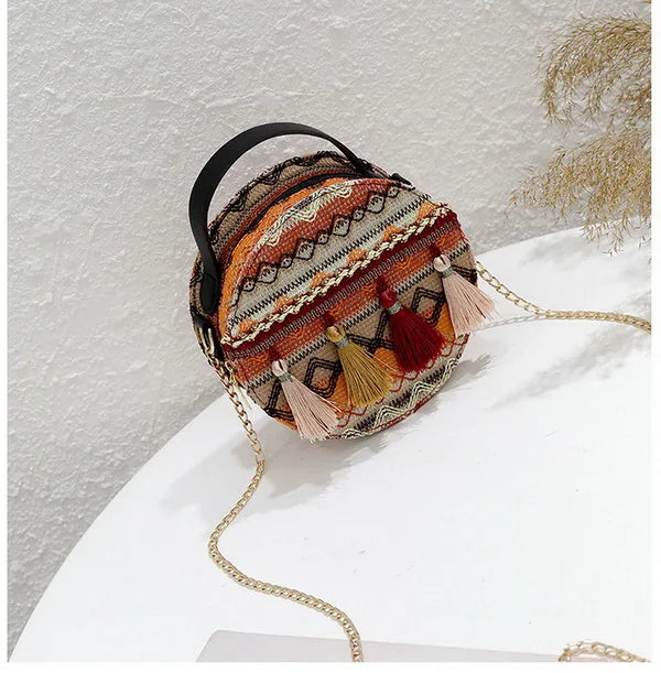Vintage Geometric Pattern Boho Tassel Round Crossbody Bag for Women