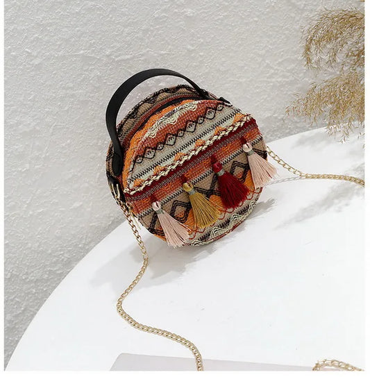 Vintage Geometric Pattern Boho Tassel Round Crossbody Bag for Women