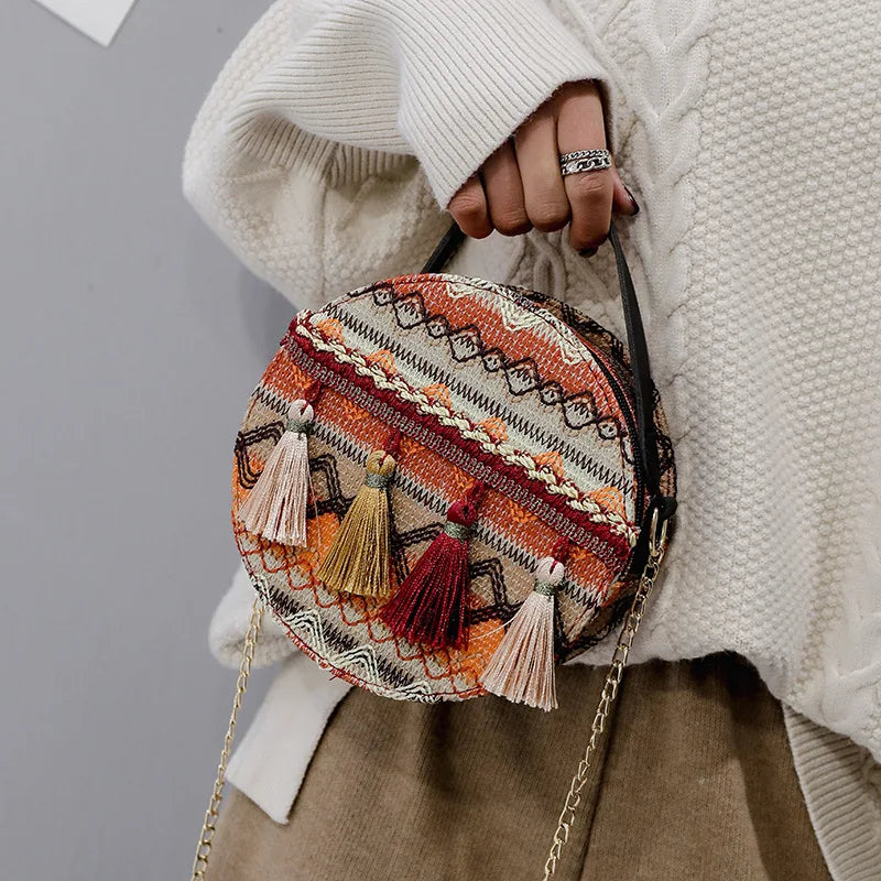 Vintage Geometric Pattern Boho Tassel Round Crossbody Bag for Women