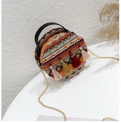 Vintage Geometric Pattern Boho Tassel Round Crossbody Bag for Women