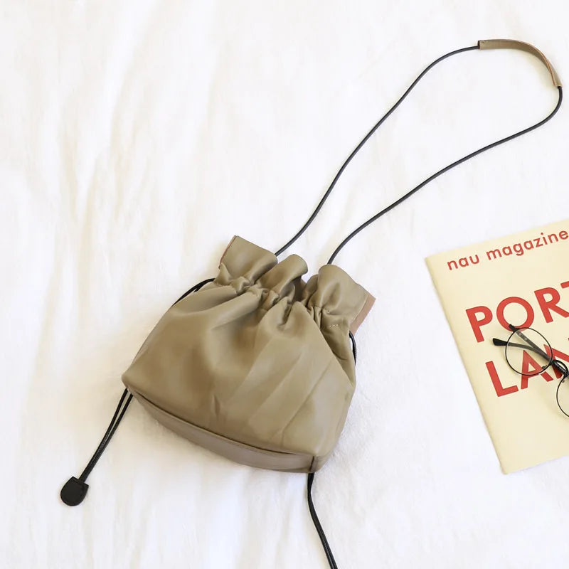 Vintage Green Grey PU Bucket Bag Mini Messenger Bag Women Casual Street Wallet