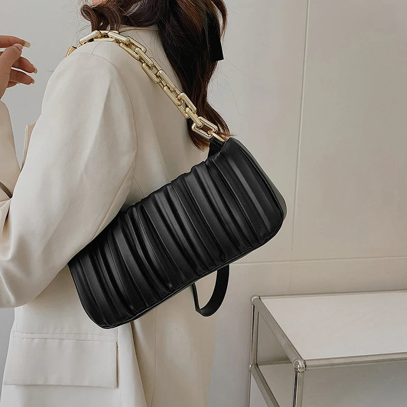 Vintage Thick Chain Shoulder Bag Fold Leather Clutch Purse