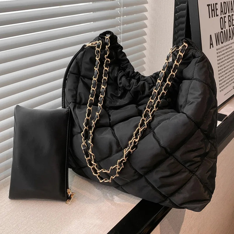 Vintage Nylon Handbag for Women Large Capacity Ladies Totes Chains