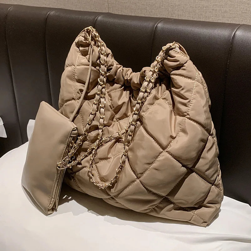 Vintage Nylon Handbag for Women Large Capacity Ladies Totes Chains