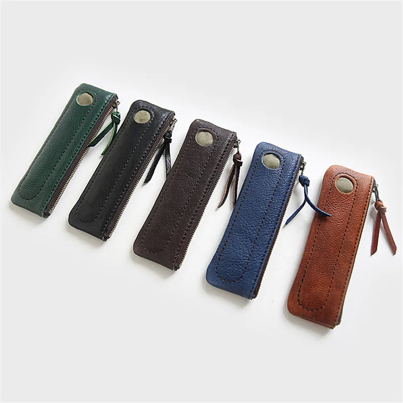 Vintage Leather Pen Bag Cowhide Pencil Case Holder for Notebook
