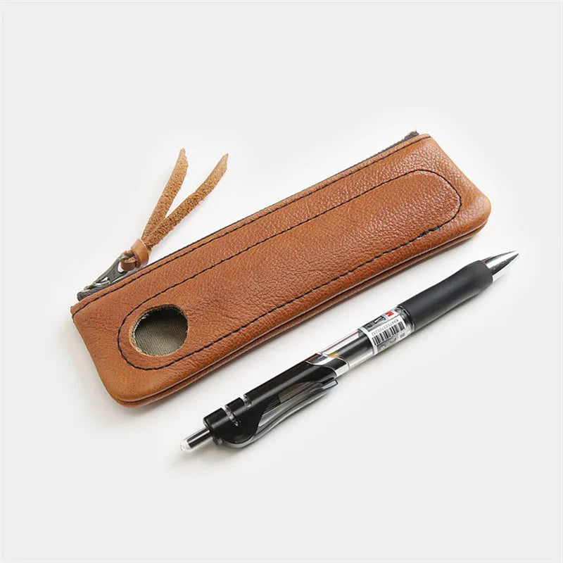 Vintage Leather Pen Bag Cowhide Pencil Case Holder for Notebook