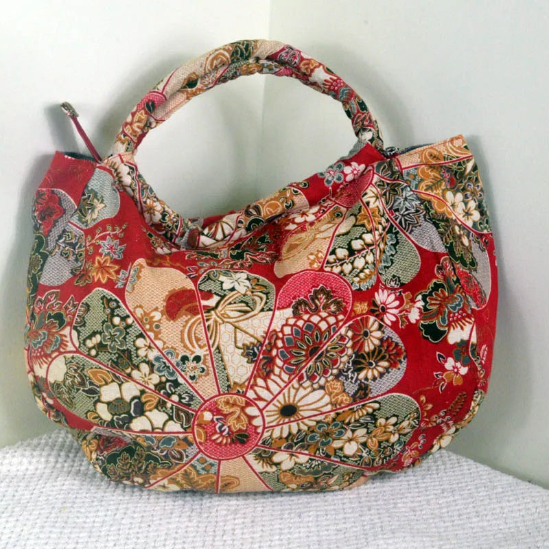 Vintage Boho Bag with Red Flower Design