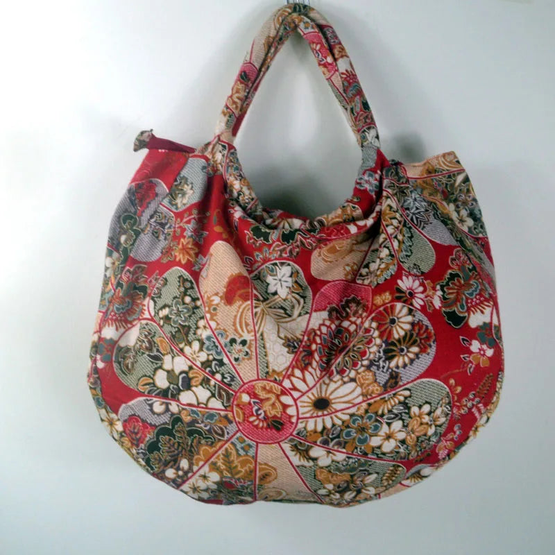 Vintage Boho Bag with Red Flower Design