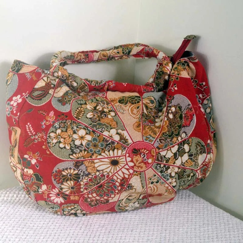 Vintage Boho Bag with Red Flower Design