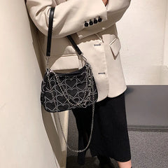 Vintage Heart Embroidered Shoulder Bag Chain Y2k Woman