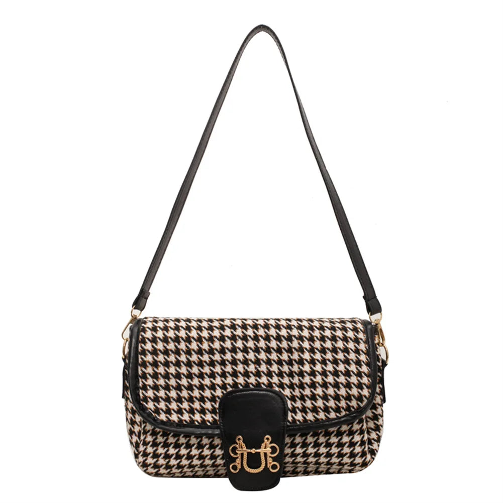 Vintage Houndstooth Print Shoulder Bag Women Woolen Cloth Crossbody Bags