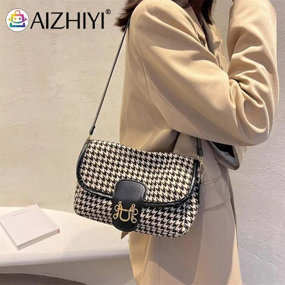 Vintage Houndstooth Print Shoulder Bag Women Woolen Cloth Crossbody Bags