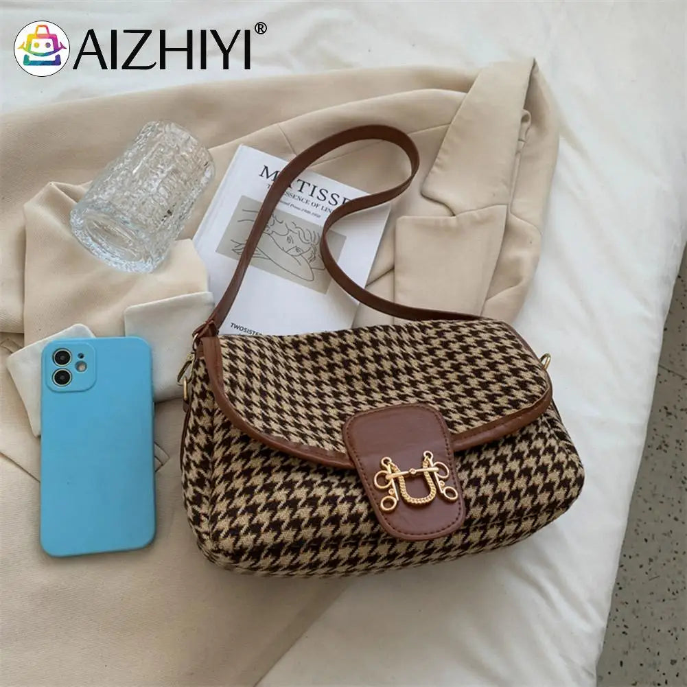 Vintage Houndstooth Print Shoulder Bag Women Woolen Cloth Crossbody Bags