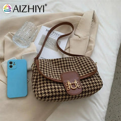 Vintage Houndstooth Print Shoulder Bag Women Woolen Cloth Crossbody Bags