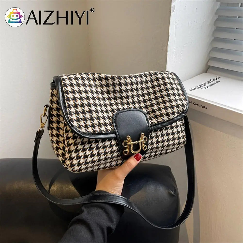 Vintage Houndstooth Print Shoulder Bag Women Woolen Cloth Crossbody Bags