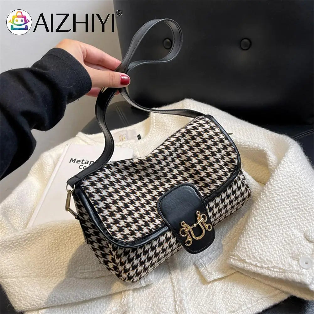 Vintage Houndstooth Print Shoulder Bag Women Woolen Cloth Crossbody Bags